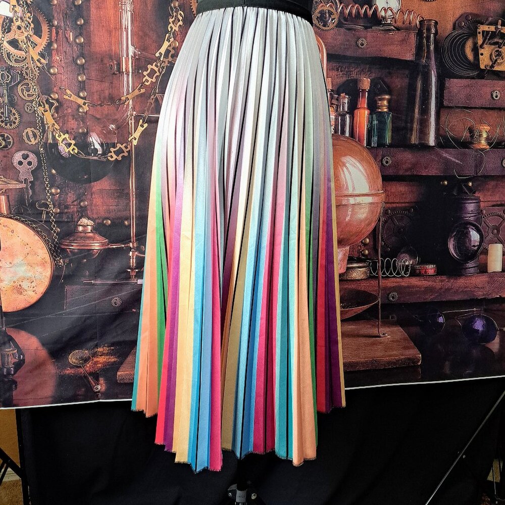 Long tea-length pleated satin wraparound skirt rainbow colors